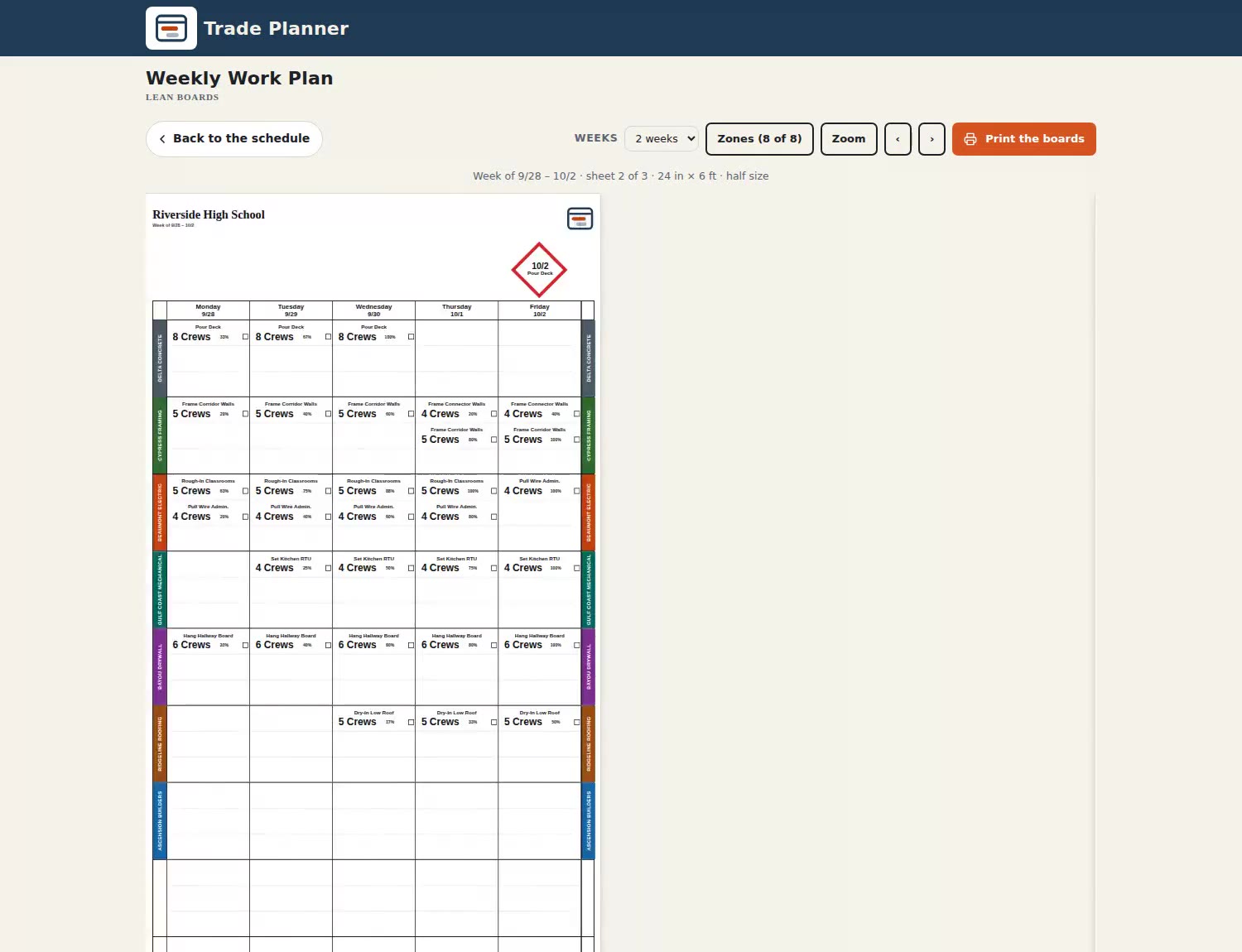 The printed lean board: a title sheet, then the week with each company's colour down the spine